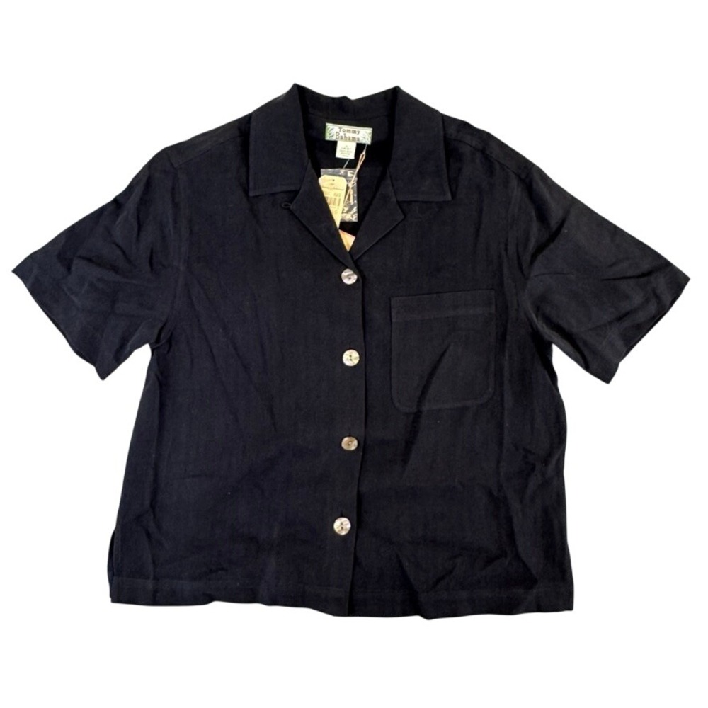 NWT Tommy Bahama Womens Small Black 100% Silk Herringbone Camp Shirt NWT TW3616